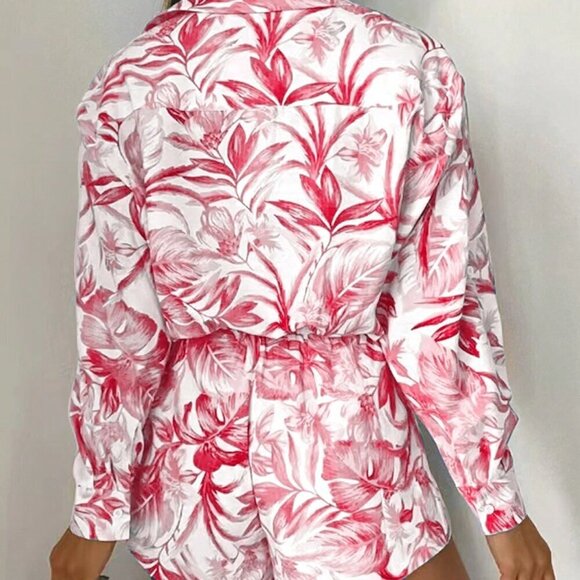 Watermelon Pink Boho Women's Tropical Print Long Sleeve Shirt & Shorts Set - Picture 2 of 4